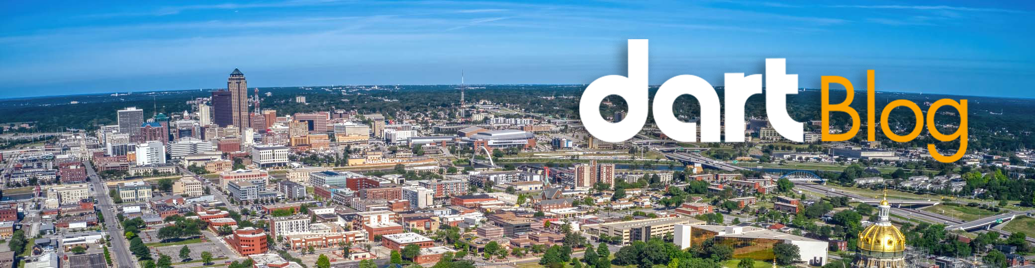 Aerial photo of Greater Des Moines with DART Blog text