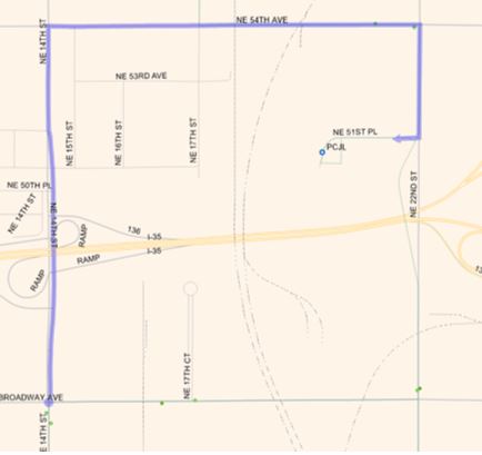 4 Outbound:  NE 14th (N), Right (E) on NE 54th Ave, Right (S) on NE 22nd, Right (W) on NE 51st back to route.