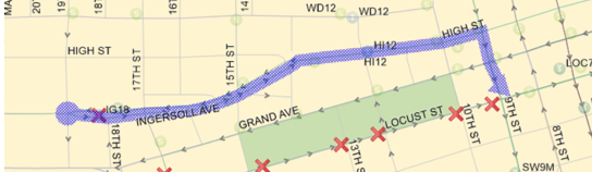 Eastbound 98 & 99 Starting Wednesday:  Grand (W), Left (S) on 9th, Left (E) on Locust back to route. Eastbound 11, & 60 University Starting Wednesday: Ingersoll/High (E), Right (S) on 9th, Left (E) on Locust back to route.