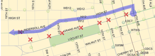 Westbound 11, & 60 Ingersoll Starting 6AM Thursday: Grand (W), Right (N) on 10th, Left (W) on High/Ingersoll back on route.