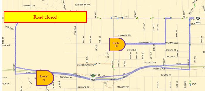 3 Inbound:  University (E), Right (S) on 56th, Left on I-235, Exit 6 to 31st, Left (N) on 31st, Right (E) on University back to route. 3 Inbound:  University (W), Left (S) on 31st, Right (W) on I-235, Exit 5A to 56th, Left (W) on University back to route. 60 Uni:  University (W), Left (S) on 35th, Right (W) on Kingman, Left (S) on 42nd back on route. 60 Ing:  42nd (N), Right (E) on Kingman, Left (N) on 35th, Right (E) on University back on route.