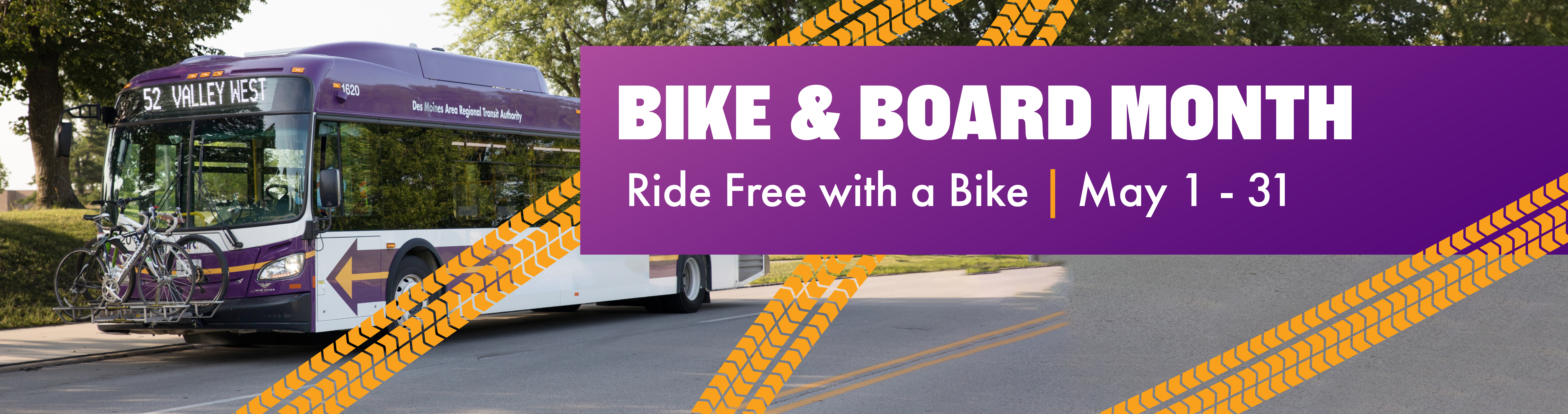 Graphic announcing Bike & Board Month in May 2025