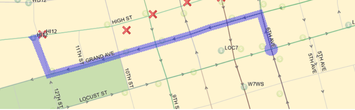 14 Outbound: 6th Ave (N) Left (W) on Grand, Right (N) 12th, Left (W) on High St.,  Back on Route