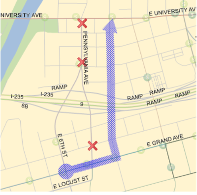  10 Outbound: E. Grand Ave, L (N) E.9th Street, R.(E) E. University  Back on Route.