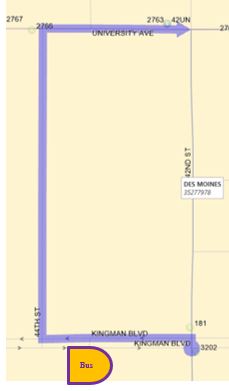   60 Ingersoll:  42nd (N), Left (W) on Kingman, Right (N) on 44th, Right (E) on University back to route.